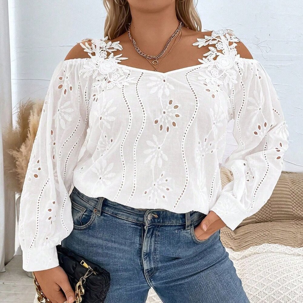 White Casual Women's Plus Size Cold Shoulder Blouse - Picture 5 of 6